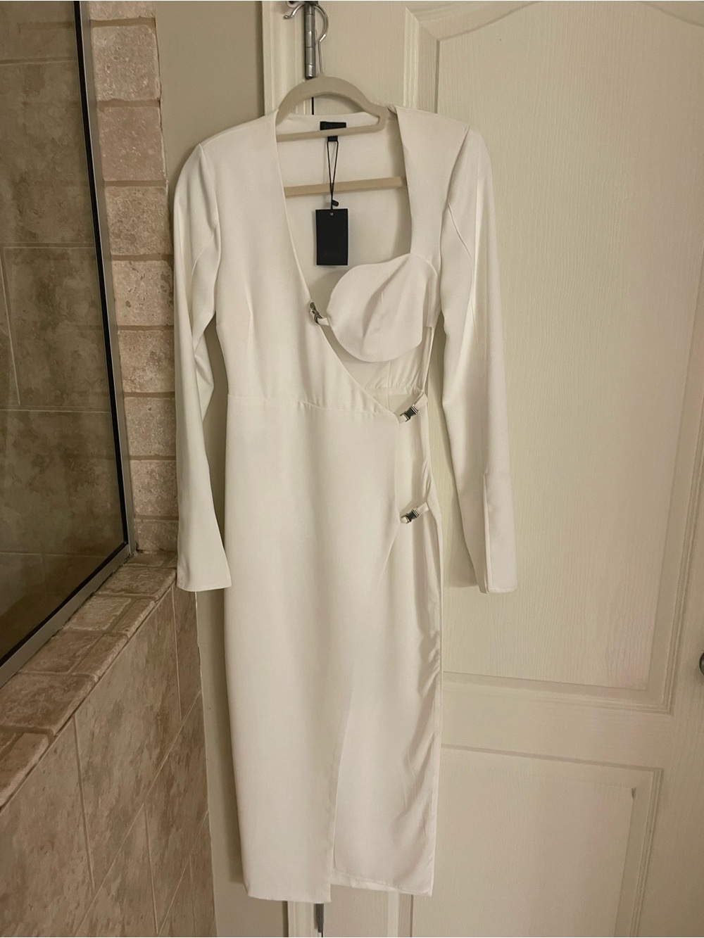 NBD White Long-Sleeve Midi Dress with Buckle Details